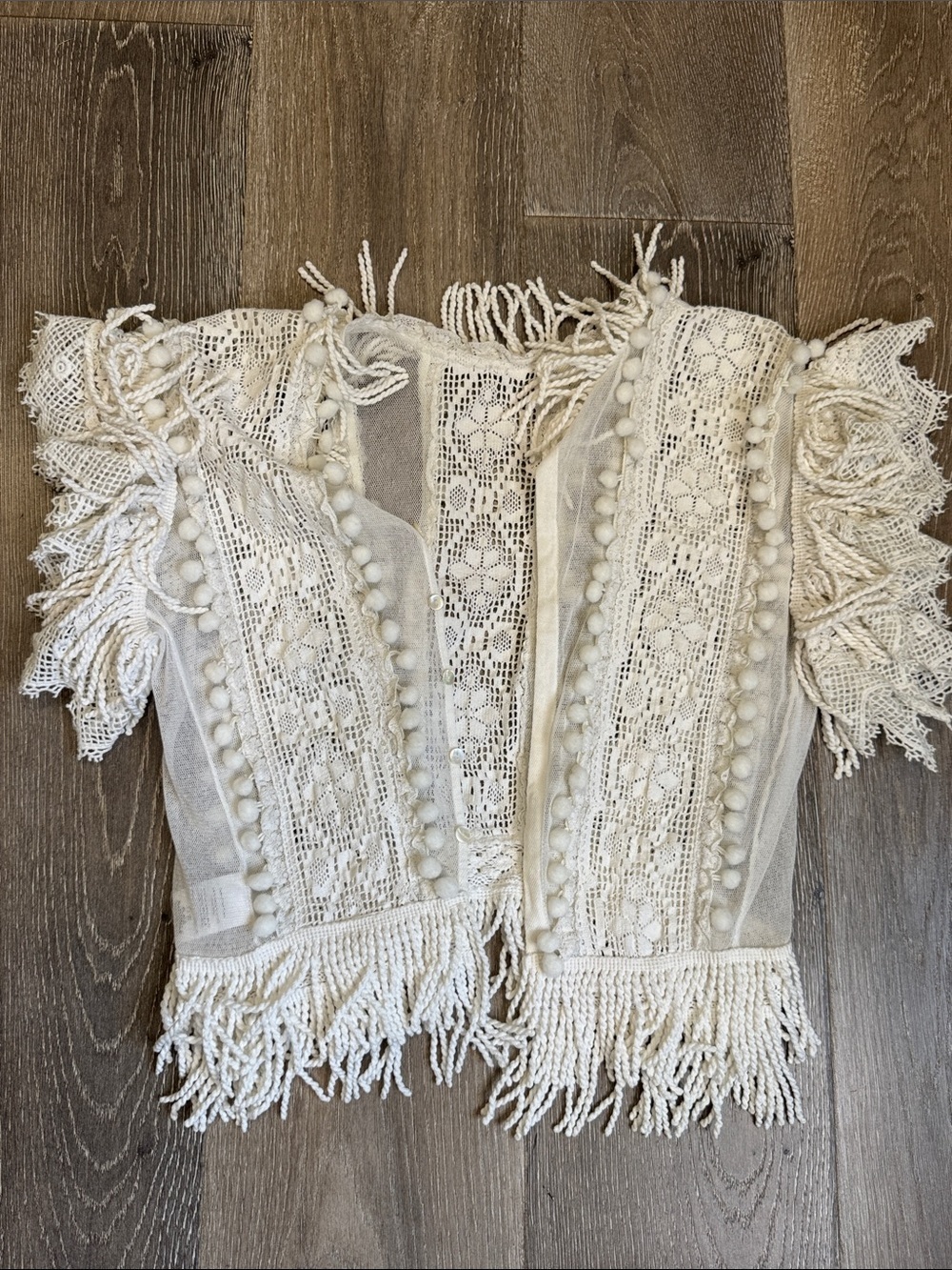 Place Nationale Cream Crochet Fringe Tunic Top with Pom-Pom Trim AZ0821